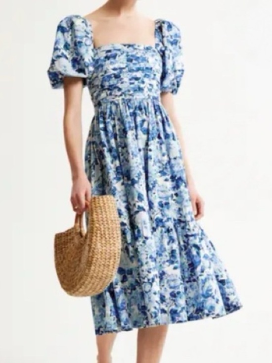 Abercrombie & Fitch Dresses & Skirts - Abercrombie & Fitch Blue Floral Puff-Sleeve Midi Dress